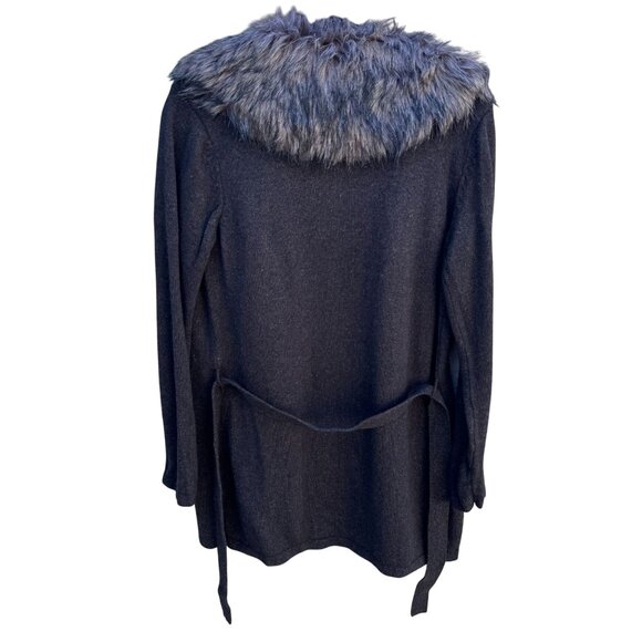 Randolph Duke Faux Fur Removable Trim Open Front Tie Waist Knit Cardigan Sweater - Picture 4 of 8